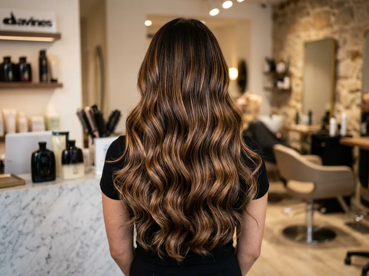 Rear view of glossy dark hair with seamless warm caramel and mocha balayage waves
